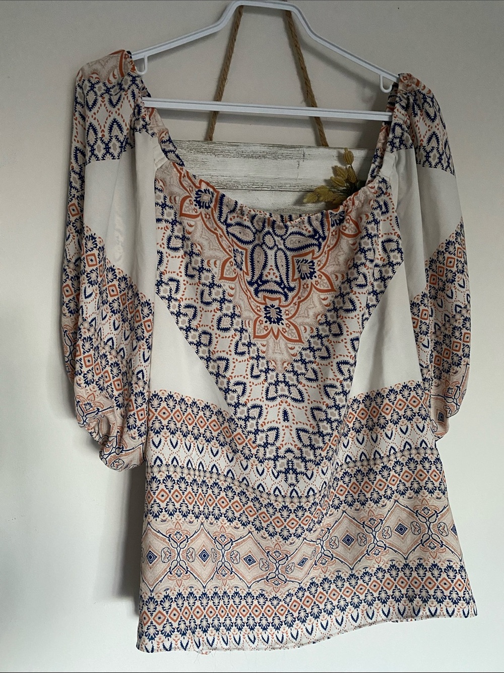 Alex & Lili Boho Printed Peasant Blouse in Cream Ladies Clothes